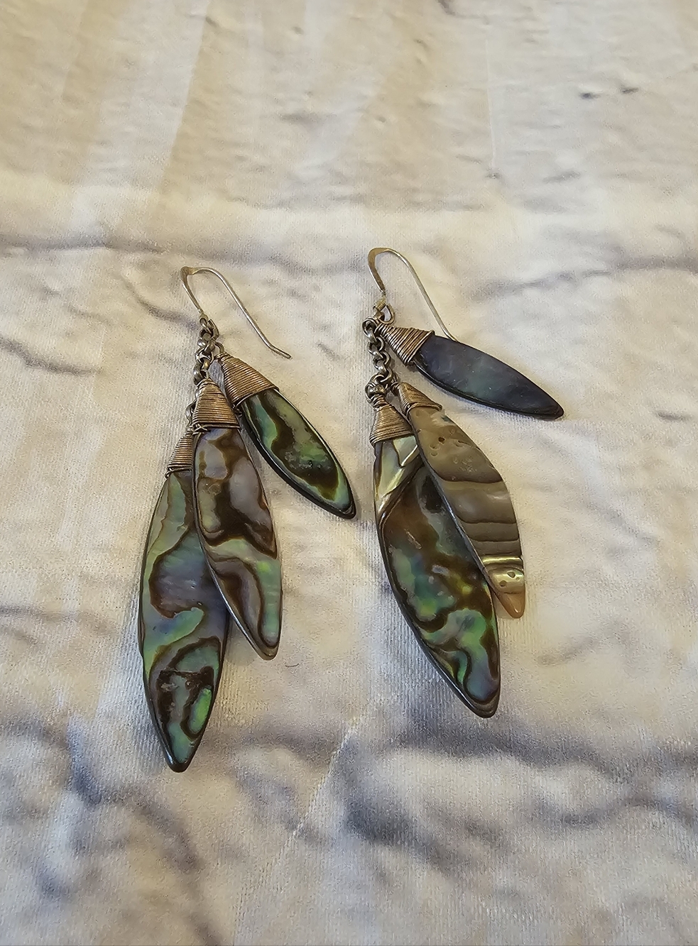 Sterling Silver 925 Abalone Shell Multi-Leaf Dangle Earrings - Green Iridescent